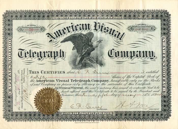 American Visual Telegraph Co. - 1892 dated Communication Stock Certificate